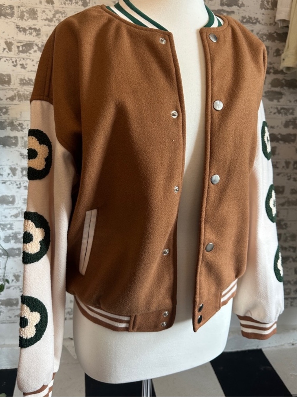 Nectar x Clothing Brown and Cream Varsity Jacket with Green Flowers
